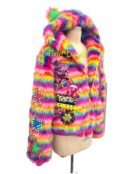 RedDevil Decora Coat Original Design Subculture Coat Colorful Furry Cotton Coat coat Red Devil