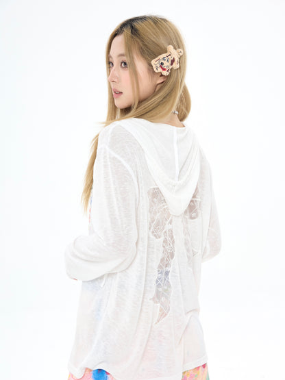Robootoo - White Cat Print Hooded Sun Protection Tee shirt Robootoo