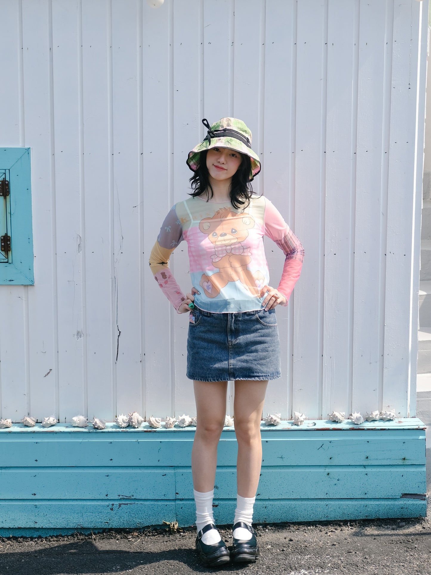 Harajuku-inspired denim skirt with bow embroidery, perfect for summer