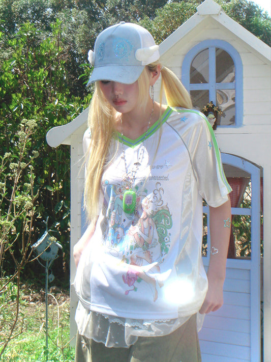 Hashtag DDD - Y2K Dreamcore Star Print Raglan Jersey Tee