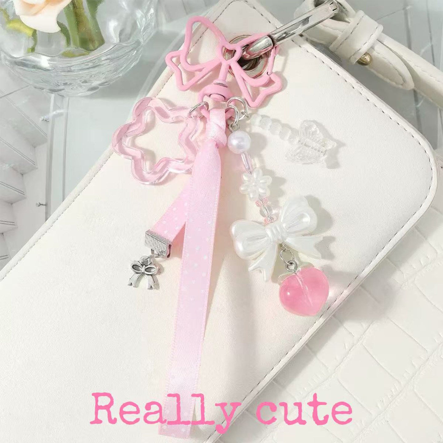 Sweet Pink Bow Peach Bag Charm keychain really cute