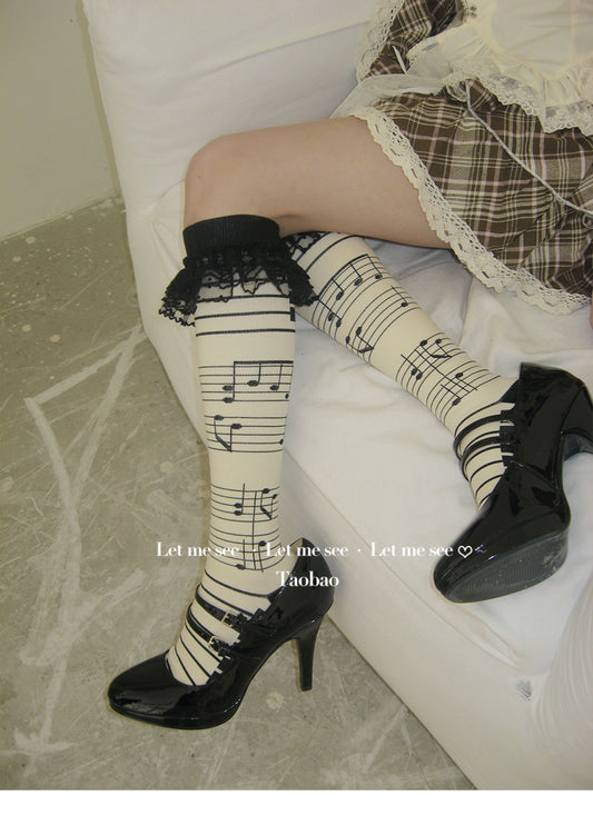LET ME SEE - Y2K Music Note Lace Trim Calf Socks socks Land Decora