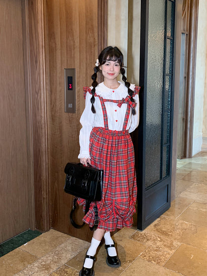 Mameya - Kawaii Red Plaid Bubble Skirt Adjustable Strap Mid-Length dress Mameya