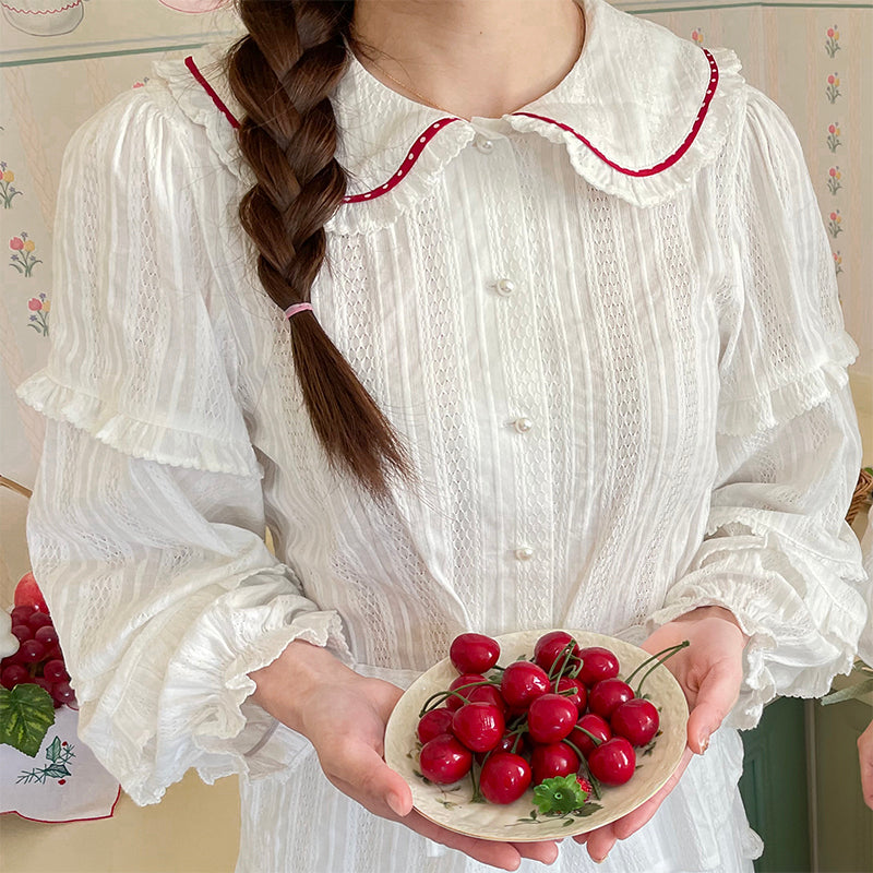 Little Berry - Lace Texture Embroidered White Blouse shirt Little Berry