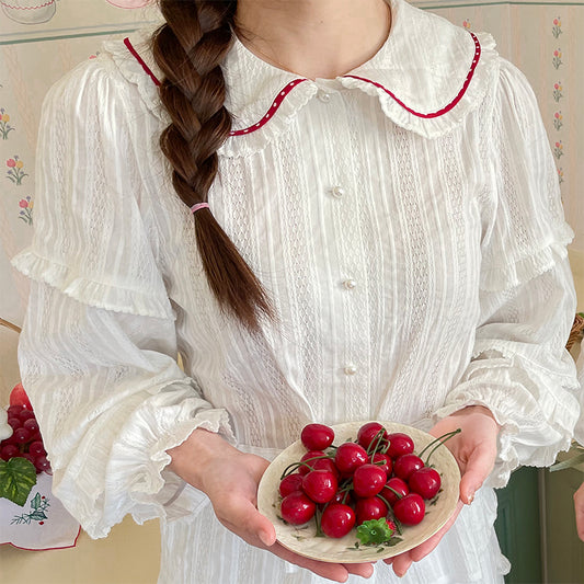 Little Berry - Lace Texture Embroidered White Blouse shirt Little Berry