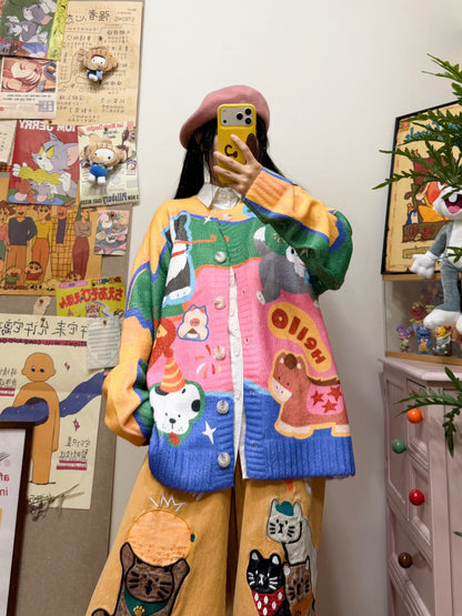 BIBULU - Colorful Cartoon Print Oversized Cardigan Sweater cardigan BIBULU