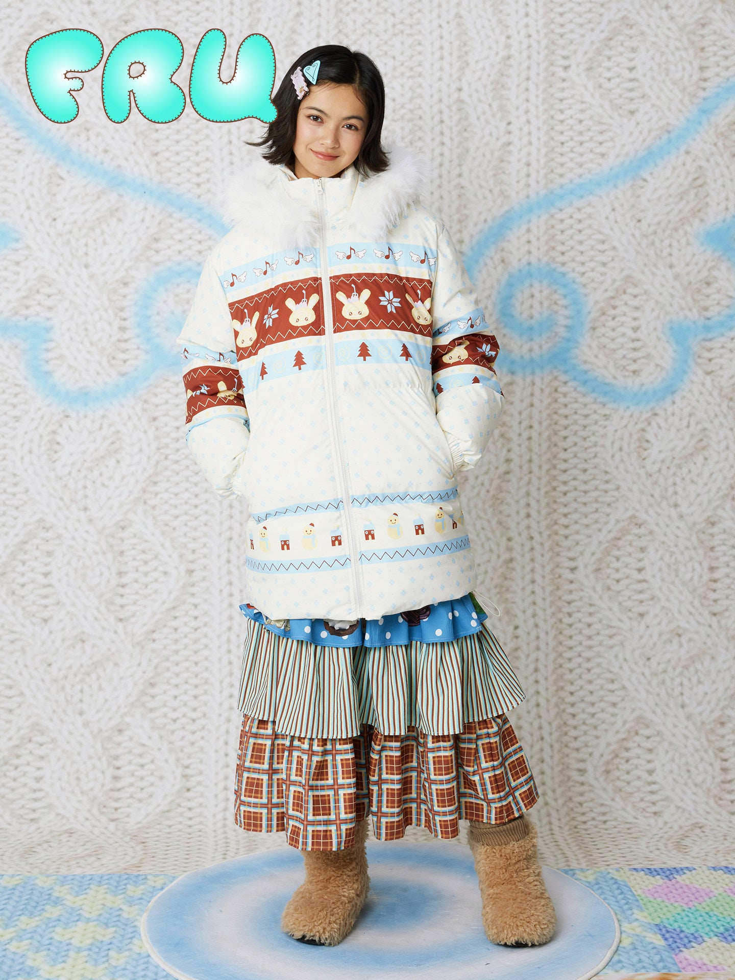 frufru - Kawaii Fair Isle Hooded Down Coat coat frufru