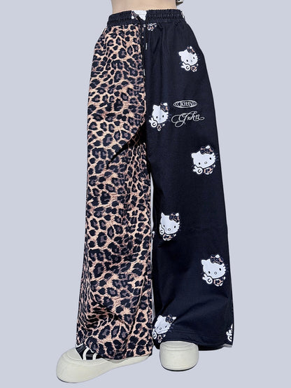 FANLOVEGIRL - Black Leopard Wide-Leg Sweatpants pants FANLOVEGIRL