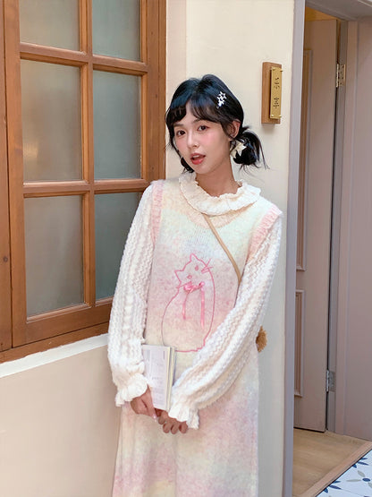 Mameya - Kawaii Pink Cat Knit Sweater Dress Sleeveless Loose Long dress Mameya