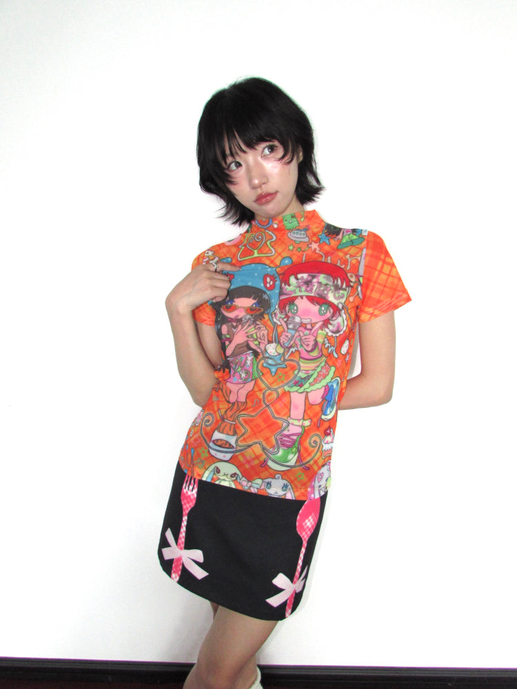 OurHappy Kawaii Harajuku Skirt | Quirky Bow & Cutlery Print Mini Skirt skirt Our Happy