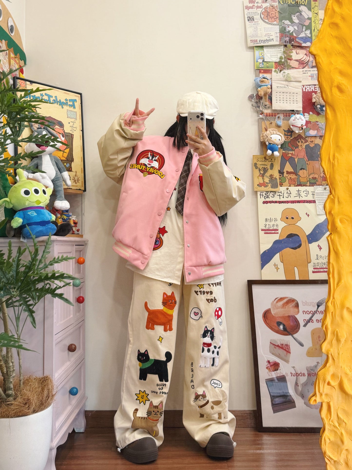 BIBULU - Kidcore Retro Embroidered Pink Baseball Jacket jacket BIBULU