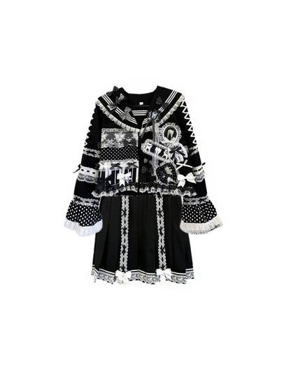 Red Devil - Black White Polka Dot Sailor Set shirt Red Devil Set(Top + Skirt) S
