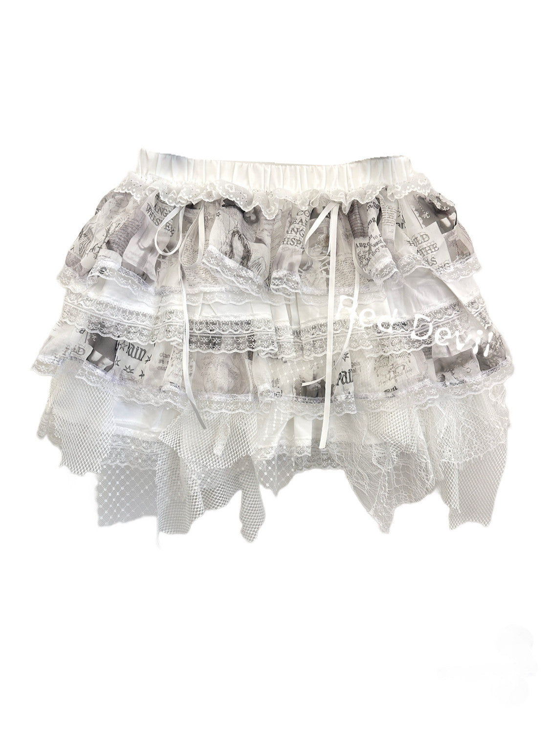 RedDevil - White Lace Asymmetrical Mesh Tiered Skirt skirt Red Devil Only Skirt