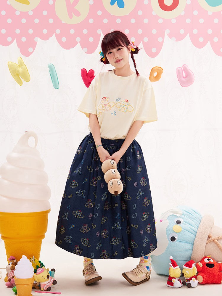 NIKKOU Cute Japanese Style A-Line Skirt | Harajuku Animal Angel Embroidered Denim Skirt skirt Nikkou home