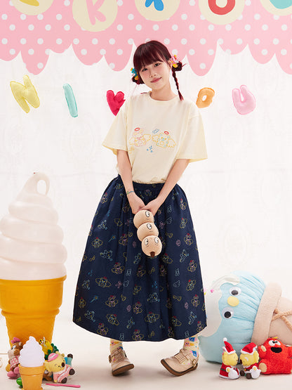 NIKKOU Cute Japanese Style A-Line Skirt | Harajuku Animal Angel Embroidered Denim Skirt skirt Nikkou home