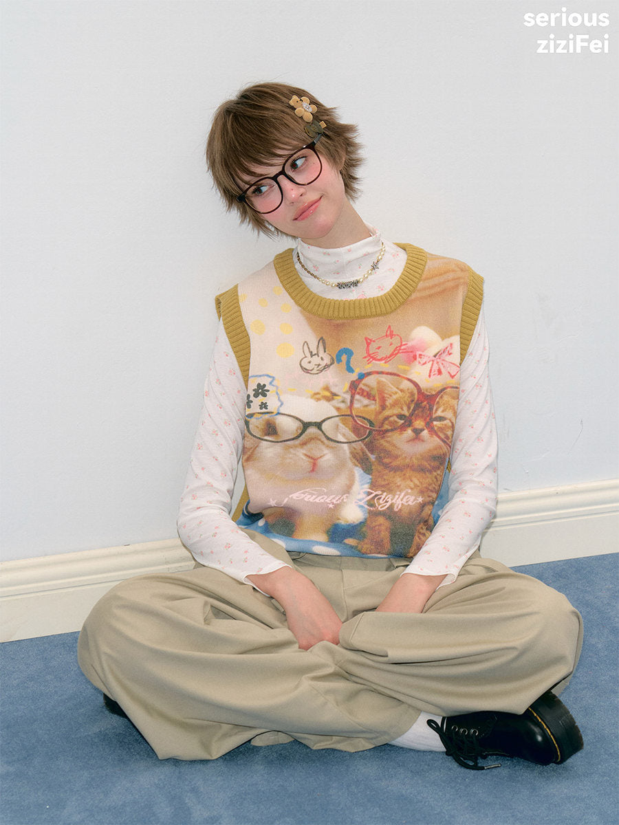 ziziFei - Yellow Cat Print Vintage Knit Vest vest ziziFei