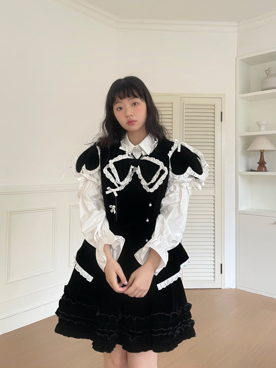 daytoday everyday institute - Girly Fashion Velvet Bow Black Flare Dress dress daytoday everyday institute