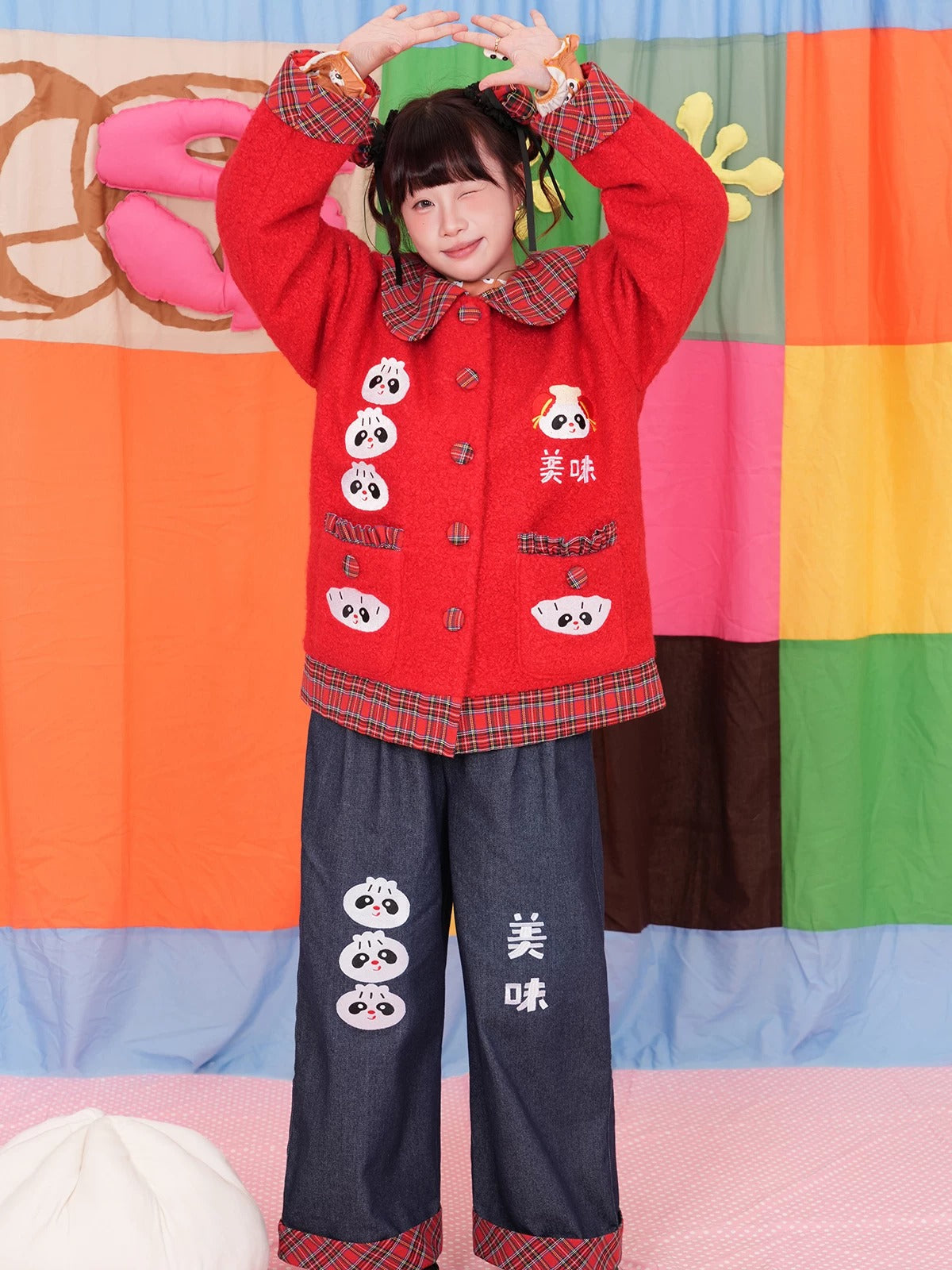 NIKKOU - Steamed Bun Embroidered Wide-Leg Jeans pants Nikkou home