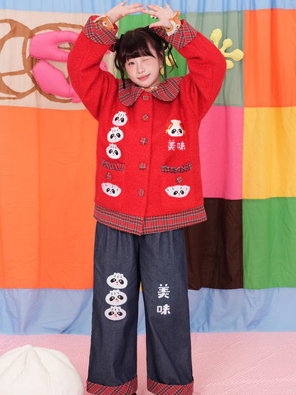 NIKKOU - Steamed Bun Embroidered Wide-Leg Jeans pants Nikkou home