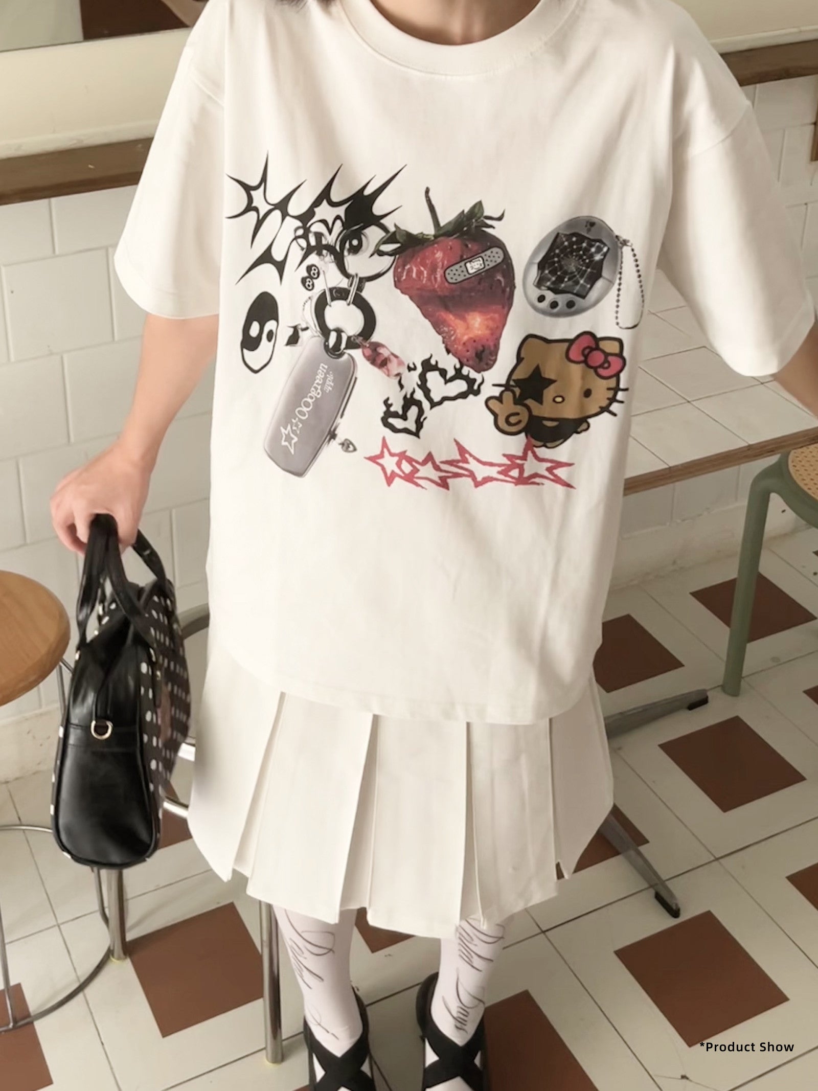 Oogreenapple - Kitty Collage Oversize White Tee tshirt Oogreenapple