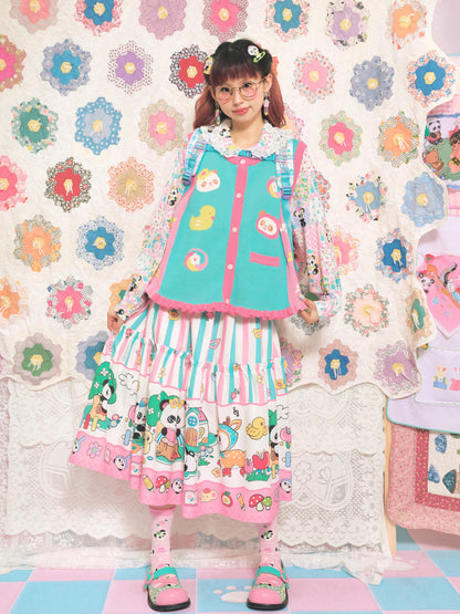 Lutra Jump Skirt Pink Green Striped Skirt Panda Cartoon Long Skirt skirt Lutra Jump