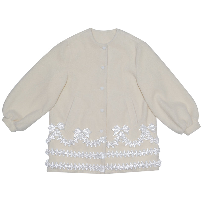 Daytoday Everyday Institute - Girly Wool Look Coat Cream Lace Puff Sleeve coat daytoday everyday institute