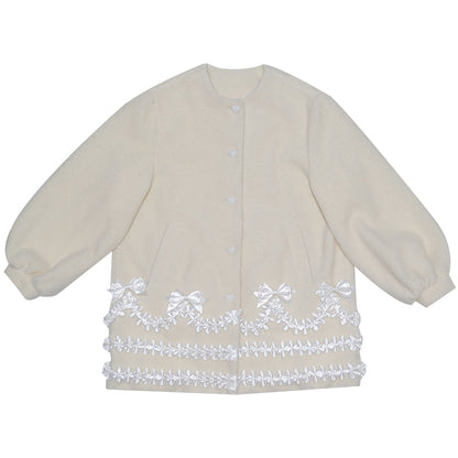 Daytoday Everyday Institute - Girly Wool Look Coat Cream Lace Puff Sleeve coat daytoday everyday institute