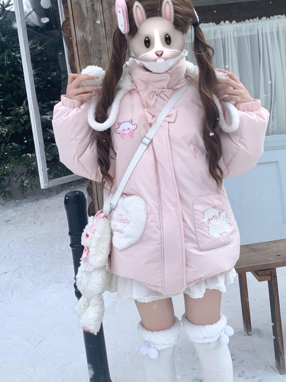 Kawaii Lamb Hood Puffer Jacket - Blurred Bear | Land Decora