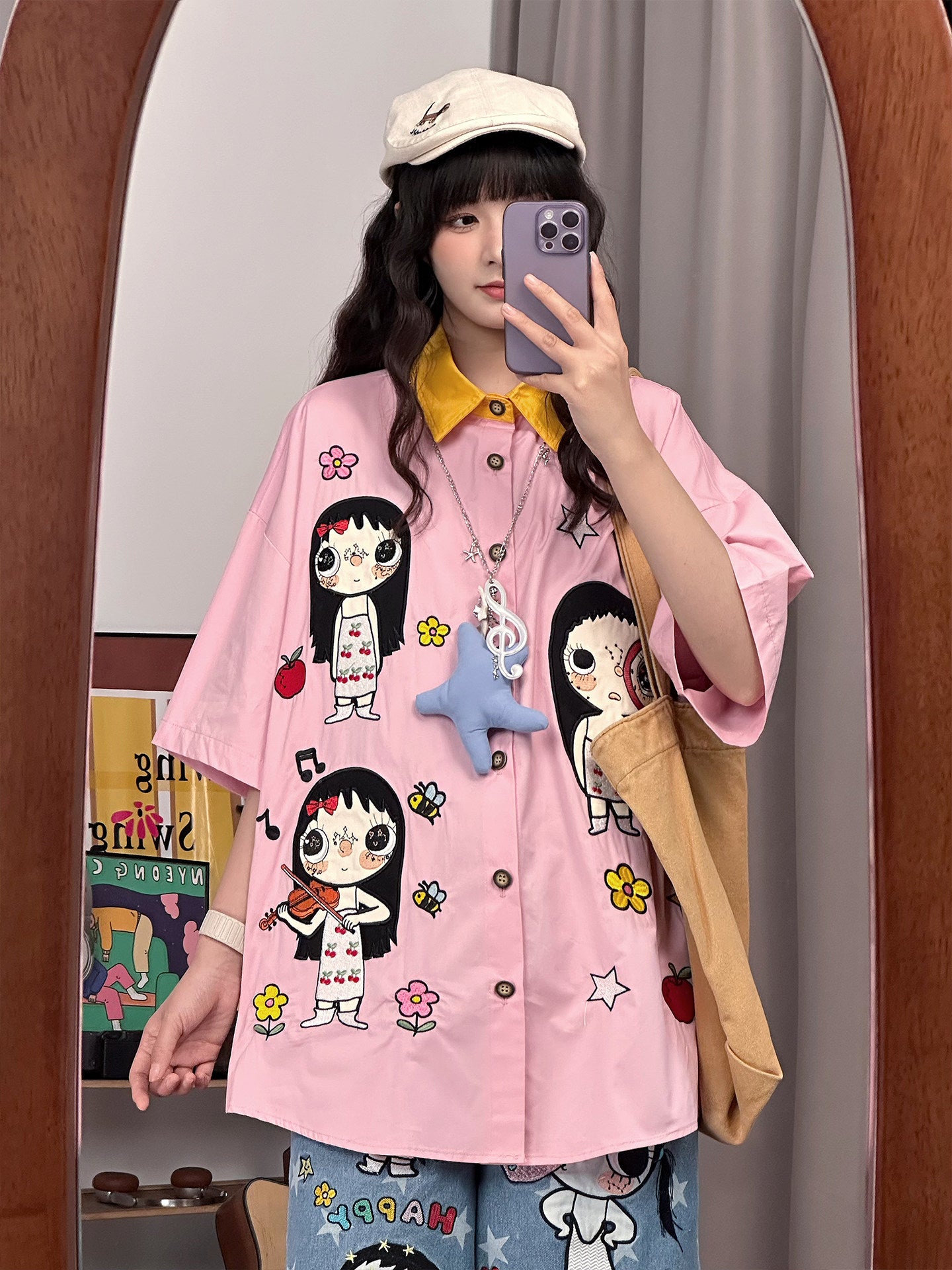 Pink Cartoon Embroidered Shirt shirt soldout