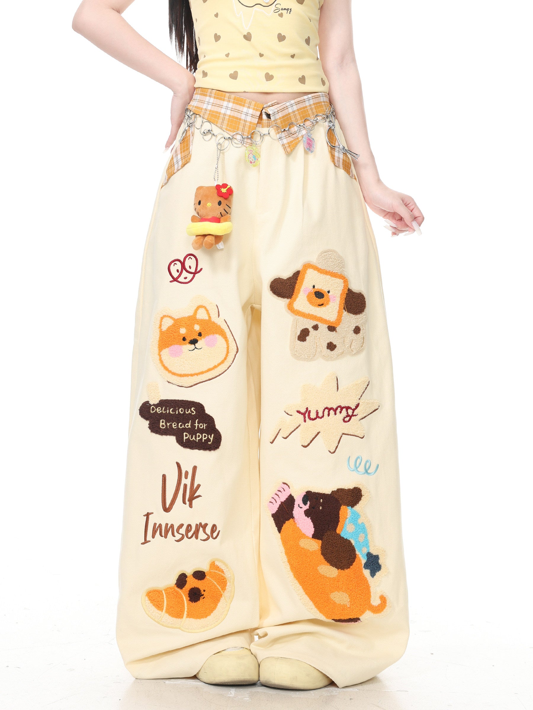 Languid Park - Plaid Applique Dog Wide Leg Jeans pants Languid Park