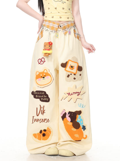 Languid Park - Plaid Applique Dog Wide Leg Jeans pants Languid Park