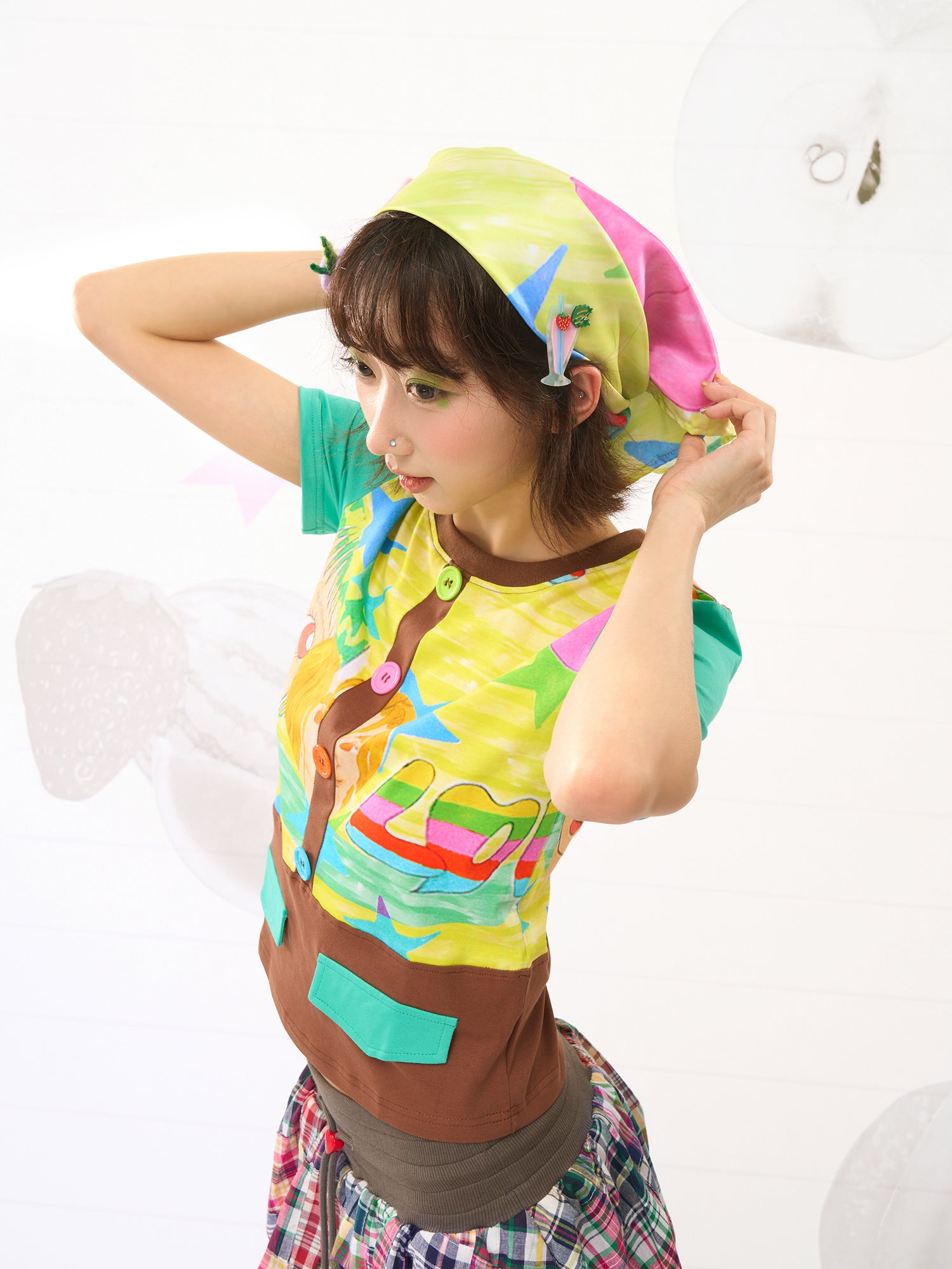 FRUITS Girl Illustration Scarf | Decora Kei Glossy Square Headkerchief Kerchief Fruits