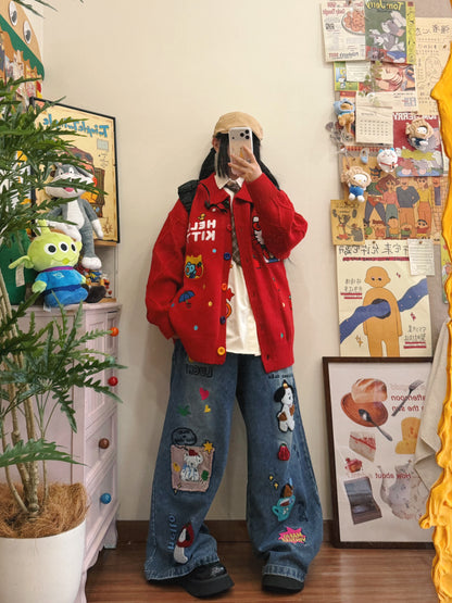 BIBULU - Kidcore Embroidered Red Knit Cardigan cardigan BIBULU