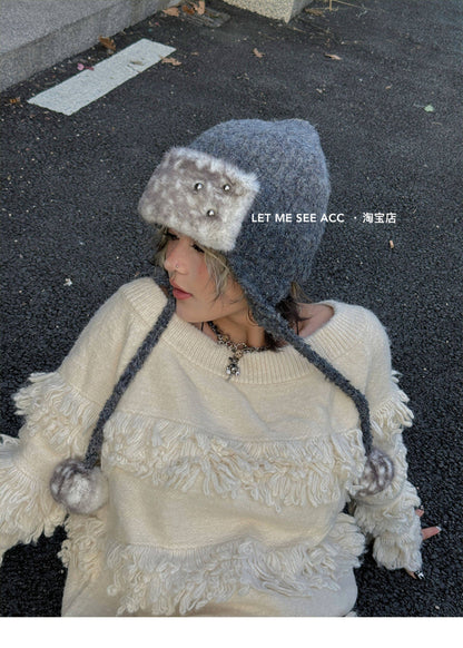 LET ME SEE - Y2K Subculture Plush Ear Flap Beanie hat let me see Grey