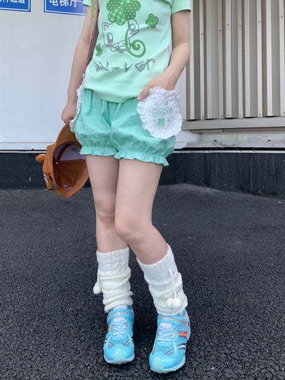 CokoStore - Mint Polka Dot Clover Embroidered Bloomers shorts coko store