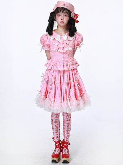 SOS MEME CLUB - Showa Vintage Kawaii Pink Polka Dot Shirt blouse SOS MEME CLUB