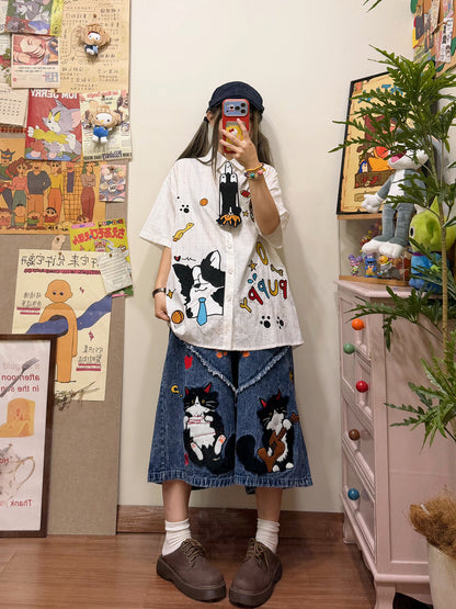 BIBULU - Kawaii Puppy Embroidered Oversized Short Sleeve Shirt