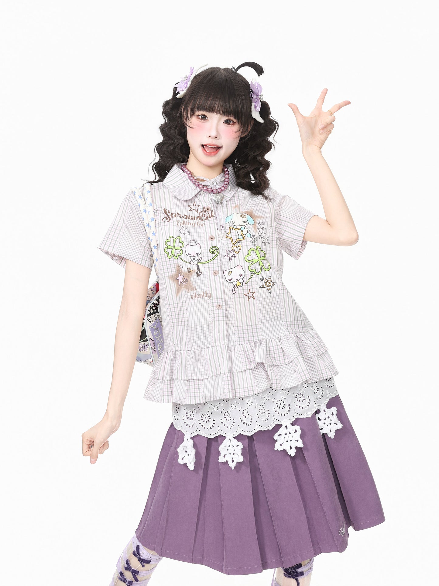 Languid Park - Ruffle Doll Collar Plaid Shirt shirt Languid Park Purple S