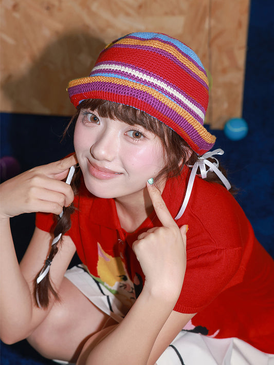 Tntntutu - Decora Kei Colorful Striped Crochet Bucket Hat hat tntntutu