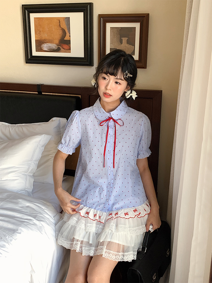 Mameya - Kawaii Lace Collar Blouse Blue Striped Ribbon Cotton shirt Mameya