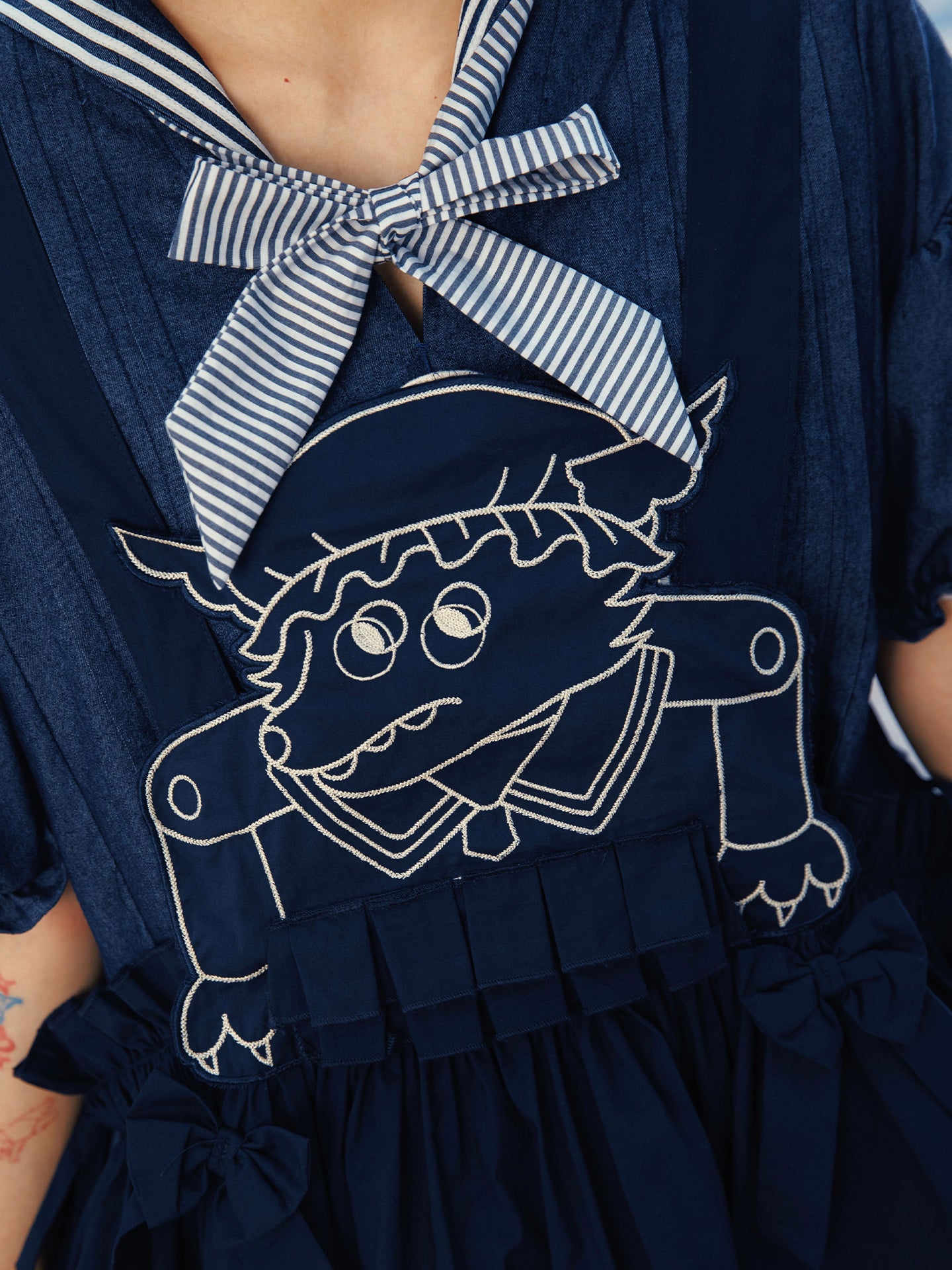 Meugler - Kawaii Apron Dress Navy Sailor Wolf Embroidery Ribbon Dress dress Meugler