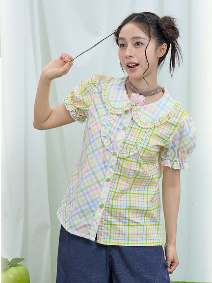 Moon Meadow - Plaid Puff Sleeve Shirt shirt Moon Meadow
