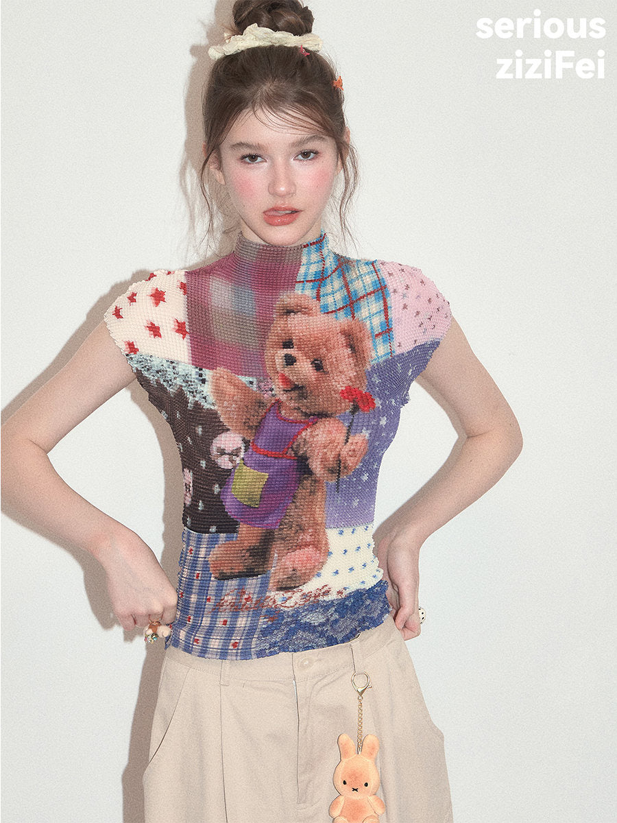 ziziFei - Teddy Patchwork Pleated T-Shirt shirt ziziFei