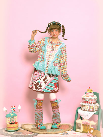 Lutra Jump - Kawaii Blouse Plaid Print Lace Ribbon Detail blouse Lutra Jump