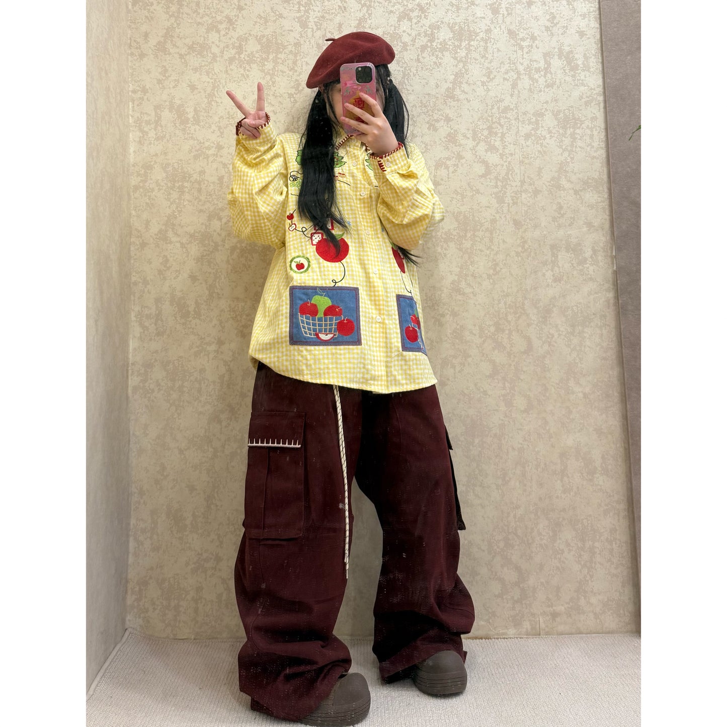 BIBULU - Kidcore Apple Embroidery Plaid Shirt shirt BIBULU