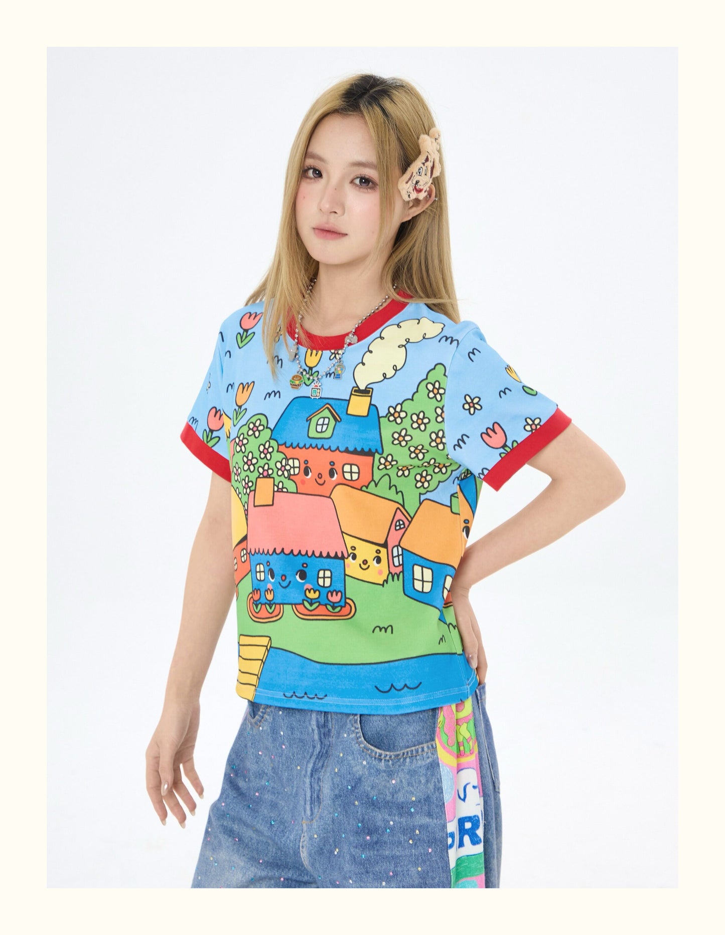 Robootoo - Blue Cartoon Town Print T-Shirt tshirt Robootoo