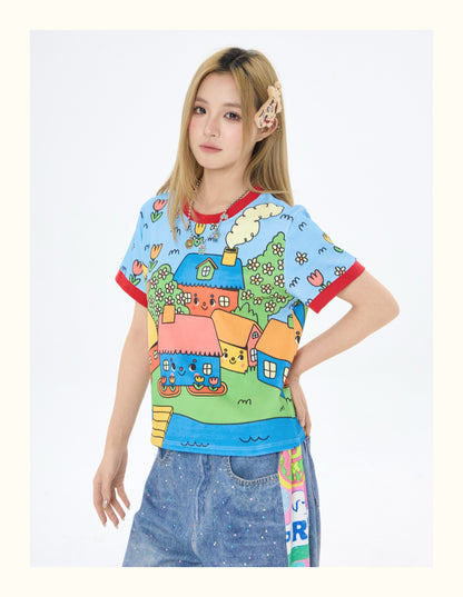 Robootoo - Blue Cartoon Town Print T-Shirt tshirt Robootoo