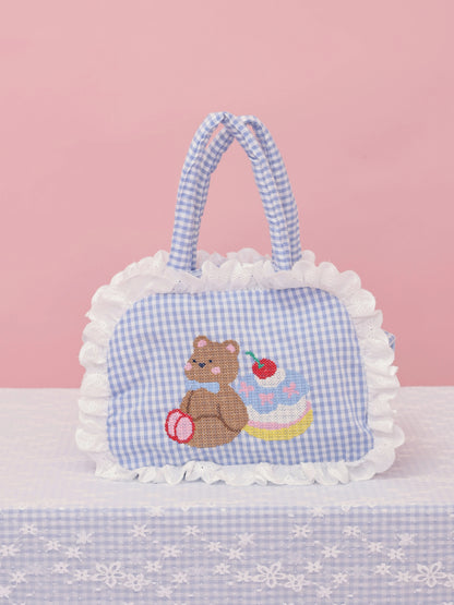 SemenCoicis Vintage Bear Embroidered Bag | Cute Ruffle Double-Sided Tote bag SemenCoicis