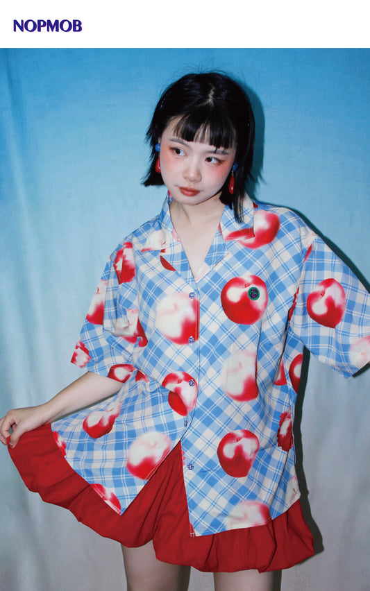 NOPMOB - Retro Plaid Short Sleeve Shirt Apple Shirt blouse NOPMOB