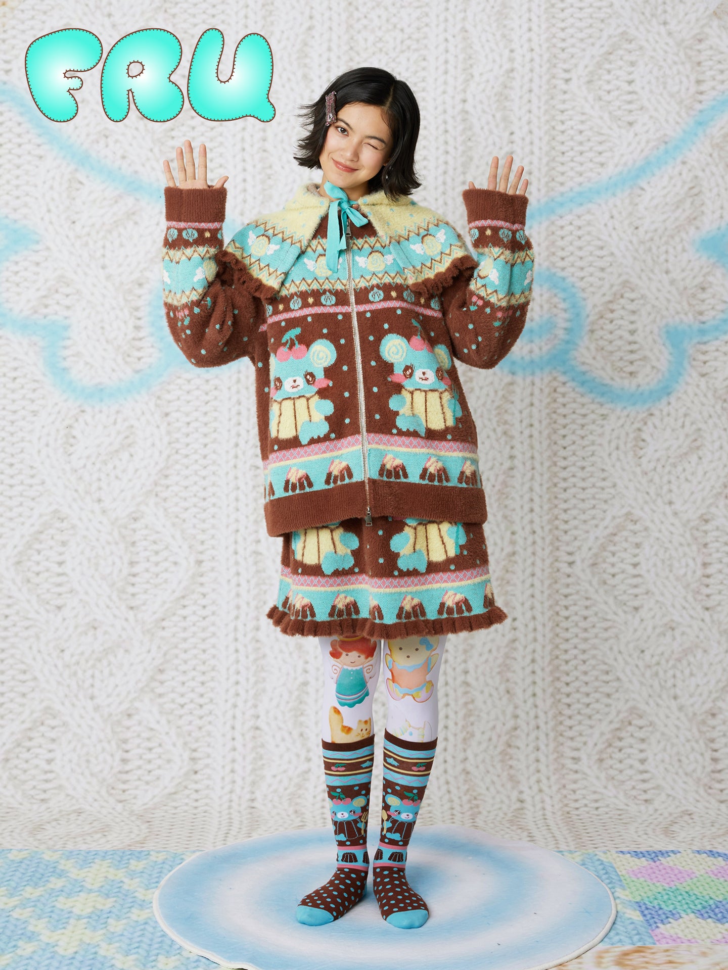 frufru - Kawaii Chocolate Bear Knit Cardigan & Skirt Set set frufru